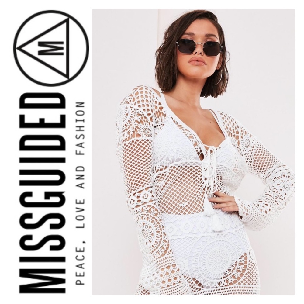 Missguided | Crochet Lace Up Mini Dress Coverup - Picture 2 of 16